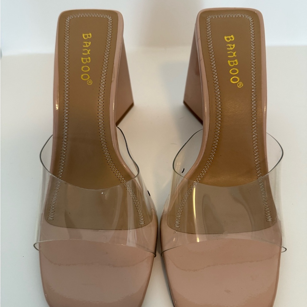 Bamboo Women's Transparent & Tan Colored Triangle-Blocked Heeled Sandals